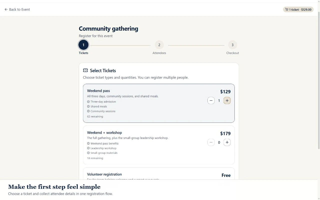 Actual ADGEvents registration screen showing ticket choices for a fictional community gathering