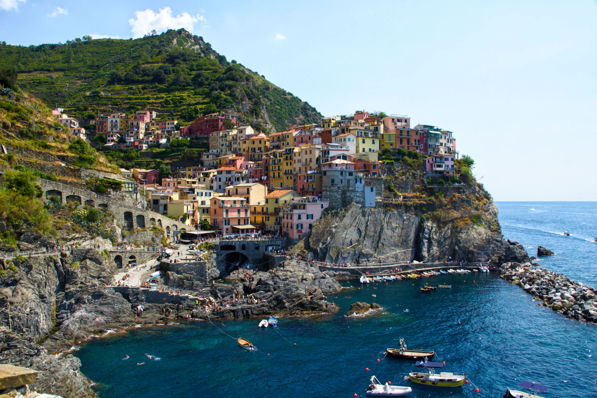 A coastal destination with colorful buildings and walking paths